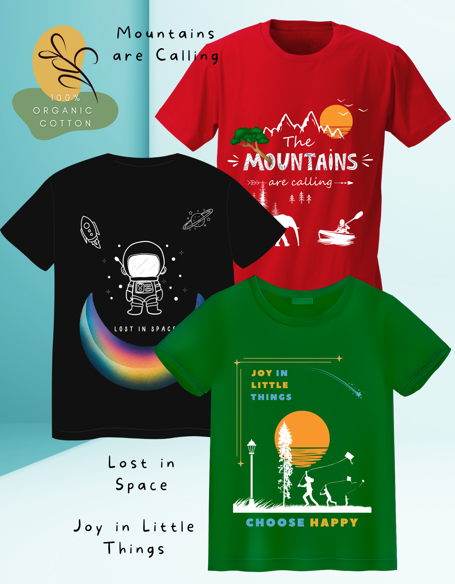 DoodleChic Pack of 3 Kids 100% Organic Cotton T-shirts- Little Things, Mountains and Space. Three t-shirts with different designs and text on a light blue background.