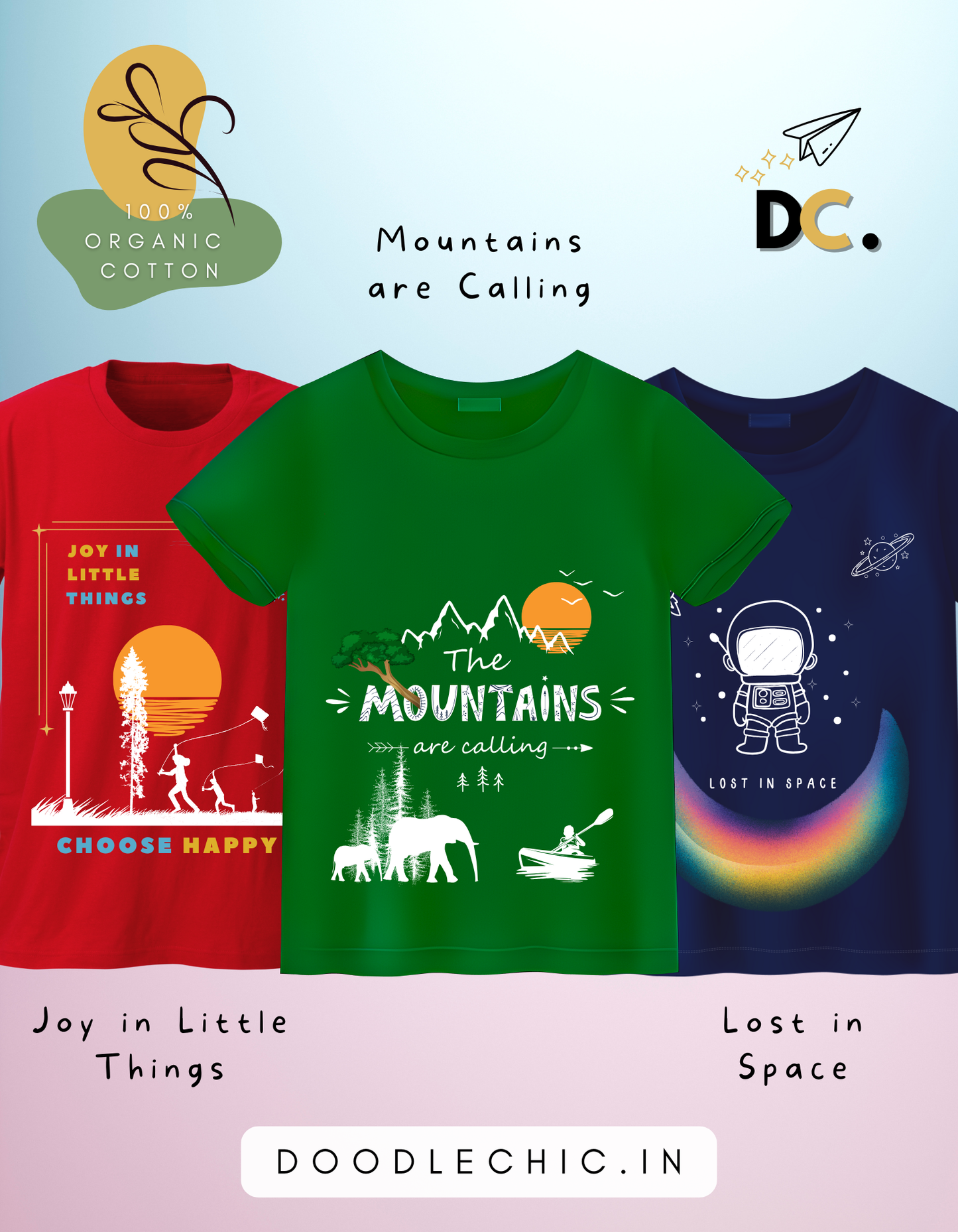 DoodleChic Pack of 3 Kids 100% Organic Cotton T-shirts- Little Things, Mountains and Space. Three t-shirts with different designs and text on a light blue background.