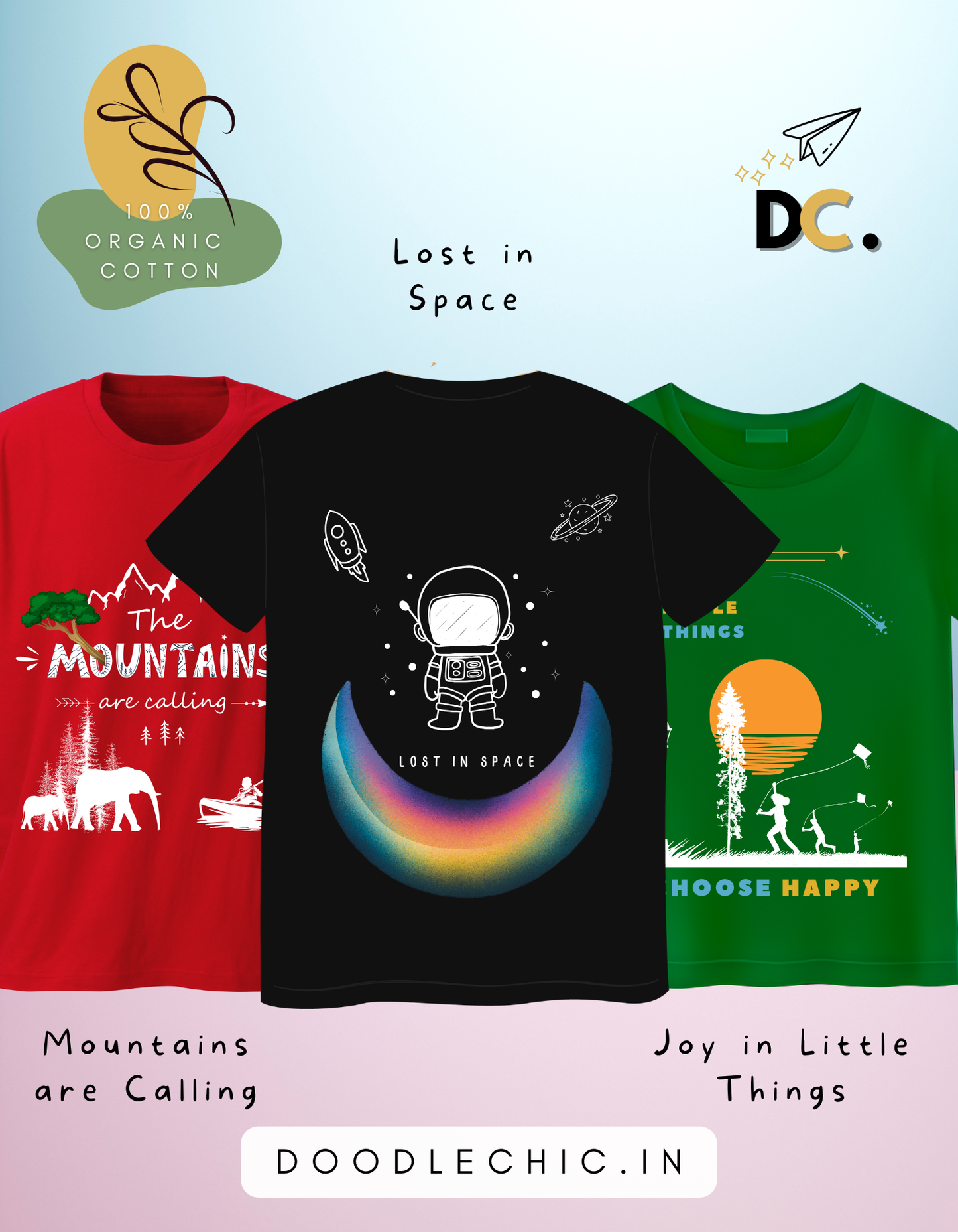 DoodleChic Pack of 3 Kids 100% Organic Cotton T-shirts- Little Things, Mountains and Space. Three t-shirts with different designs and text on a light blue background.