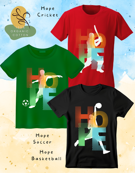 DoodleChic Pack of 3 Kids 100% Organic Cotton HOPE Series T-shirts- Cricket, Soccer and Basketball. Three t-shirts with 'Hope' design featuring sports imagery on a colorful background.