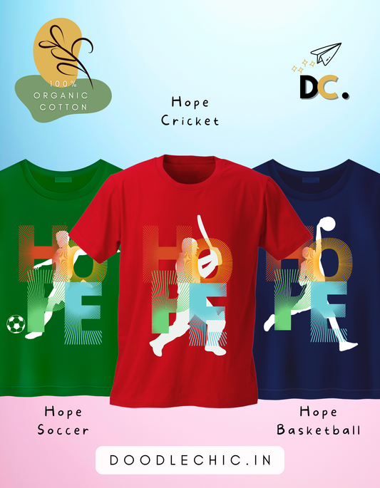 DoodleChic Pack of 3 Kids 100% Organic Cotton HOPE Series T-shirts- Cricket, Soccer and Basketball. Three t-shirts with 'Hope' design featuring sports imagery on a colorful background.