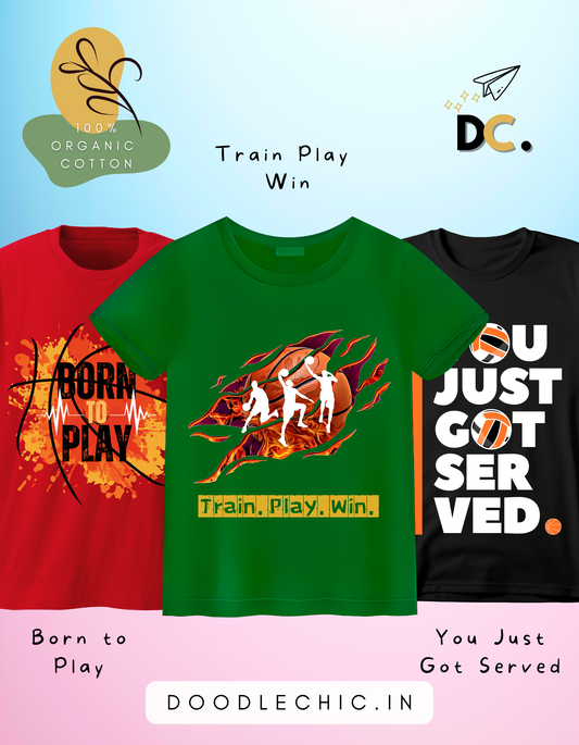 DoodleChic Pack of 3 Kids 100% Organic Cotton T-shirts- Born to Play, Train Play Win, You Just Got Served. Three t-shirts with sports-themed designs and text on a colorful background.