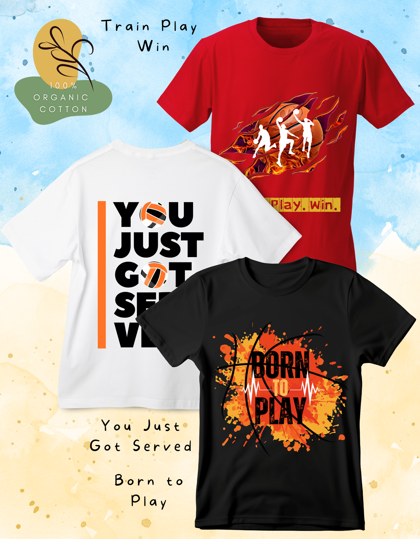 DoodleChic Pack of 3 Kids 100% Organic Cotton T-shirts- Born to Play, Train Play Win, You Just Got Served. Three t-shirts with sports-themed designs and text on a colorful background.