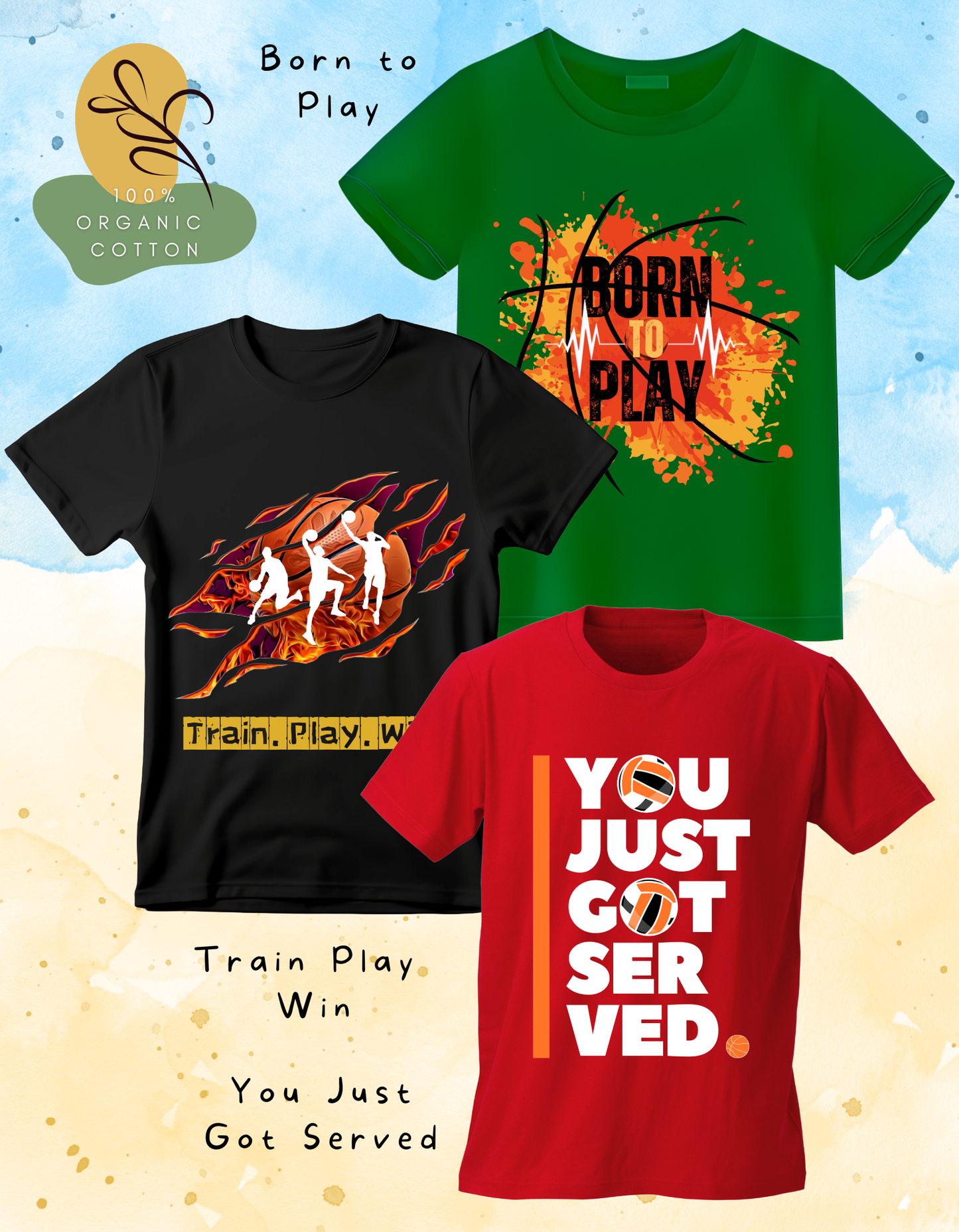 DoodleChic Pack of 3 Kids 100% Organic Cotton T-shirts- Born to Play, Train Play Win, You Just Got Served. Three t-shirts with sports-themed designs and text on a colorful background.