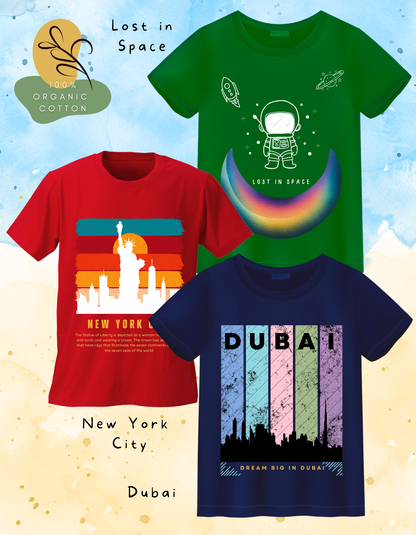 DoodleChic Pack of 3 Kids 100% Organic Cotton T-shirts featuring 'Lost in Space', 'New York City', and 'Dubai'.