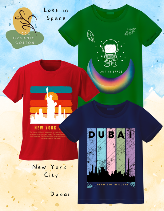 DoodleChic Pack of 3 Kids 100% Organic Cotton T-shirts featuring 'Lost in Space', 'New York City', and 'Dubai'.