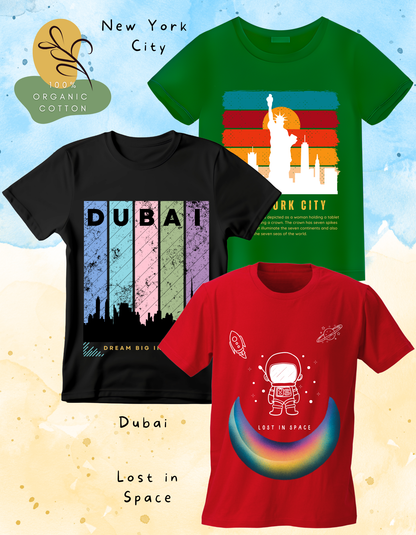 DoodleChic Pack of 3 Kids 100% Organic Cotton T-shirts featuring 'Lost in Space', 'New York City', and 'Dubai'.