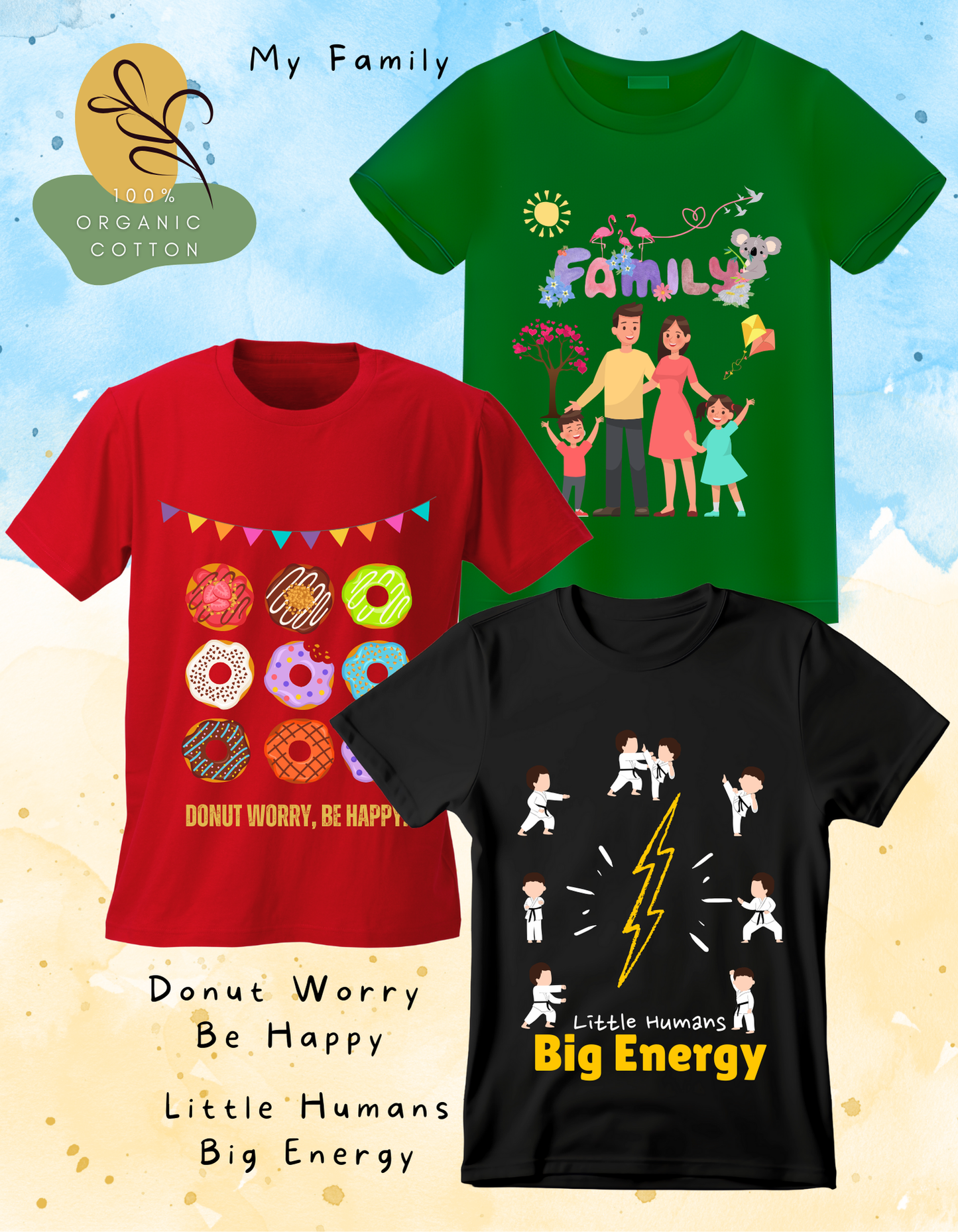 DoodleChic Pack of 3 - 100% Organic Cotton Kids T-shirts featuring 'Family', 'Donut Worry', and 'Little Humans'. Three t-shirts with different designs on a colorful background.
