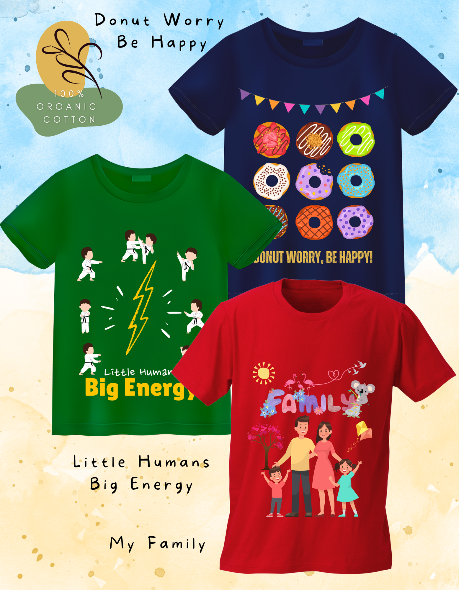 DoodleChic Pack of 3 - 100% Organic Cotton Kids T-shirts featuring 'Family', 'Donut Worry', and 'Little Humans'. Three t-shirts with different designs on a colorful background.