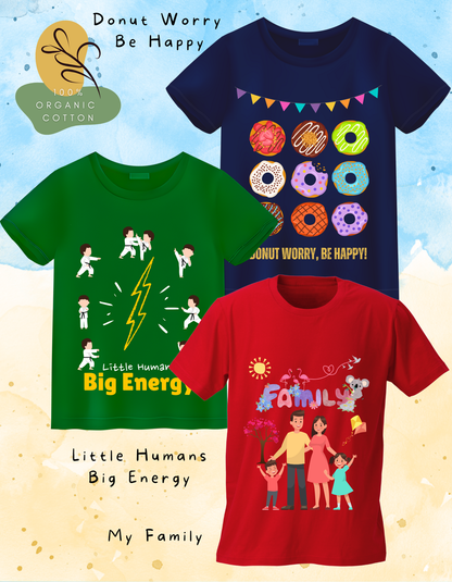 DoodleChic Pack of 3 - 100% Organic Cotton Kids T-shirts featuring 'Family', 'Donut Worry', and 'Little Humans'. Three t-shirts with different designs on a colorful background.