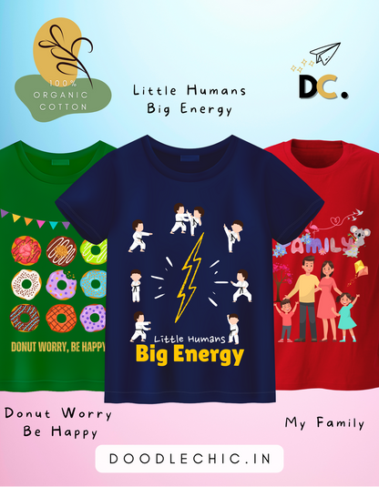 DoodleChic Pack of 3 - 100% Organic Cotton Kids T-shirts featuring 'Family', 'Donut Worry', and 'Little Humans'. Three t-shirts with different designs on a colorful background.