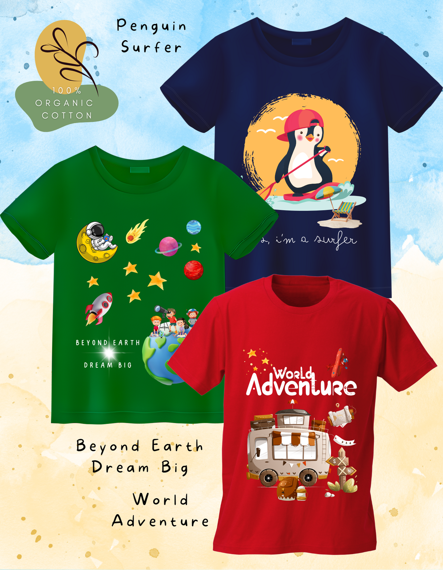 DoodleChic Pack of 3 Kids 100% Organic Cotton T-shirts featuring 'Penguin Surfer', 'World Adventure', and 'Beyond Earth Dream Big'.