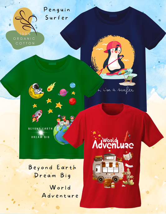 DoodleChic Pack of 3 Kids 100% Organic Cotton T-shirts featuring 'Penguin Surfer', 'World Adventure', and 'Beyond Earth Dream Big'.