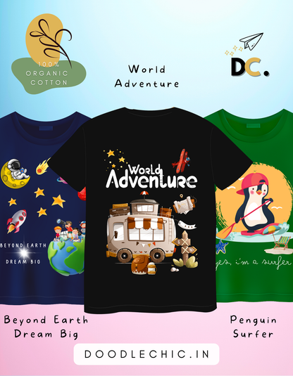DoodleChic Pack of 3 Kids 100% Organic Cotton T-shirts featuring 'Penguin Surfer', 'World Adventure', and 'Beyond Earth Dream Big'.