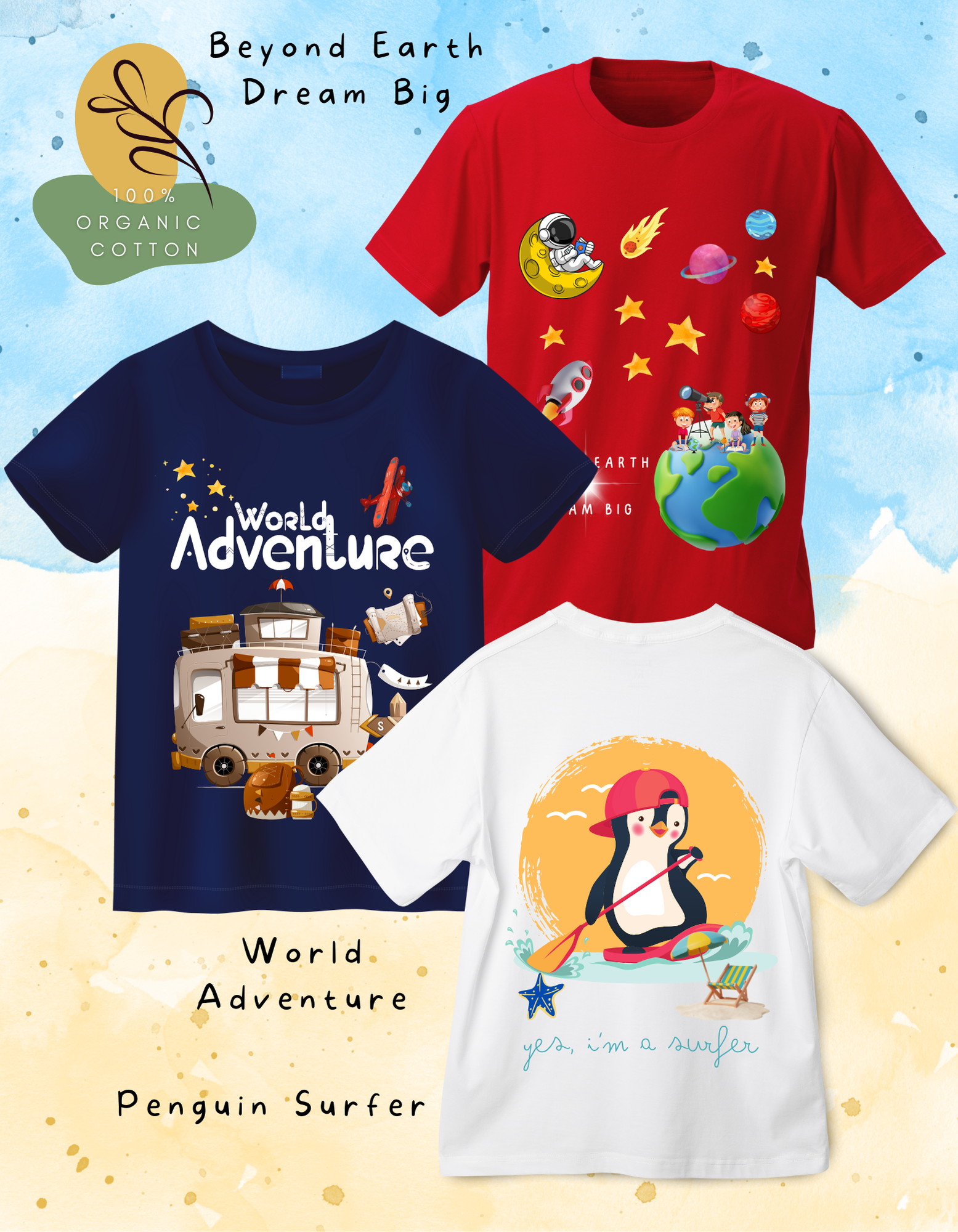 DoodleChic Pack of 3 Kids 100% Organic Cotton T-shirts featuring 'Penguin Surfer', 'World Adventure', and 'Beyond Earth Dream Big'.