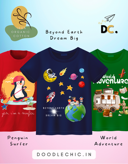 DoodleChic Pack of 3 Kids 100% Organic Cotton T-shirts featuring 'Penguin Surfer', 'World Adventure', and 'Beyond Earth Dream Big'.
