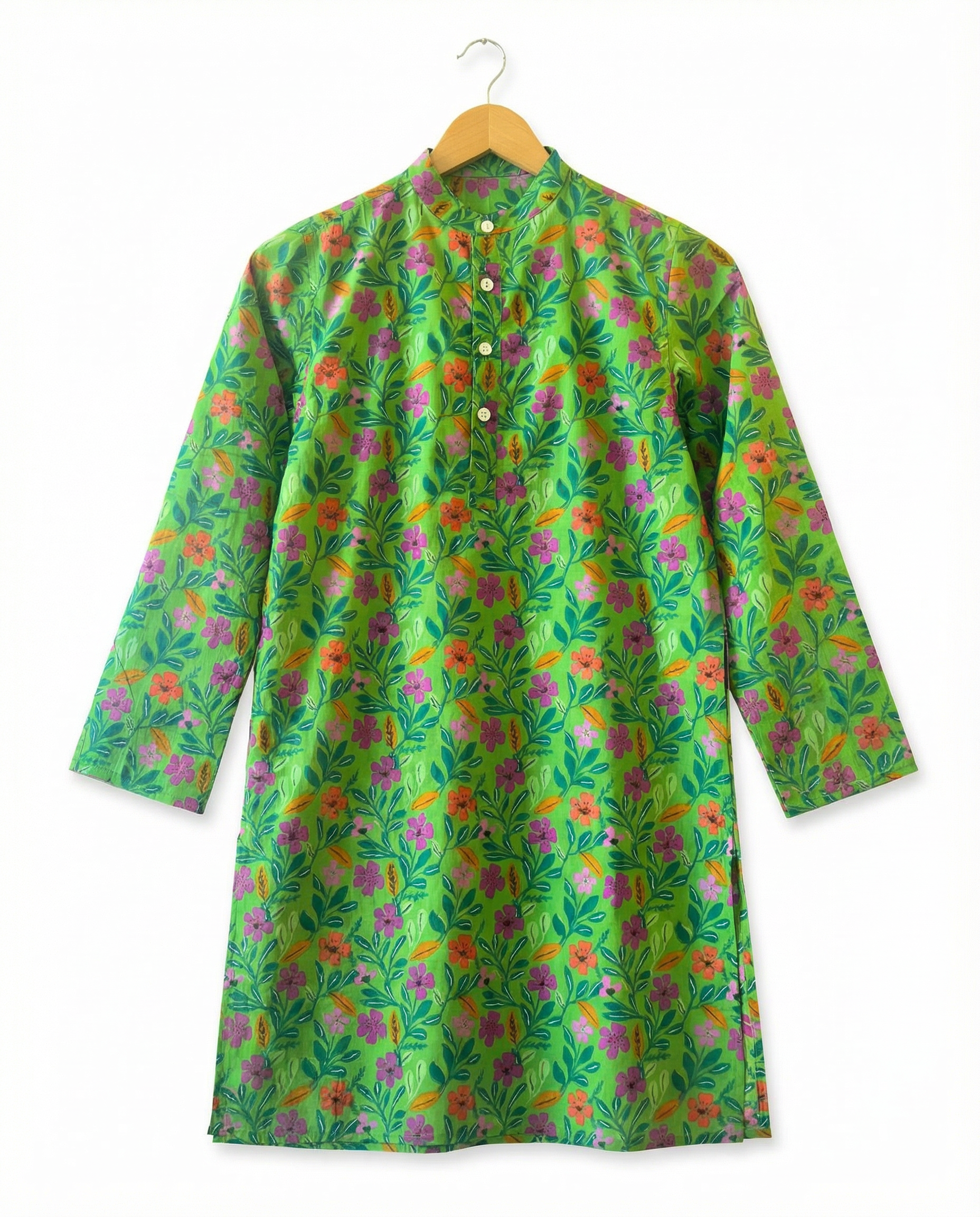 Green floral patterned kurta on a hanger against a white background