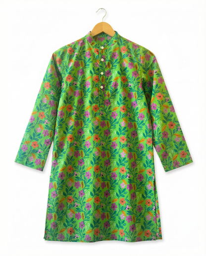 Green floral patterned kurta on a hanger against a white background
