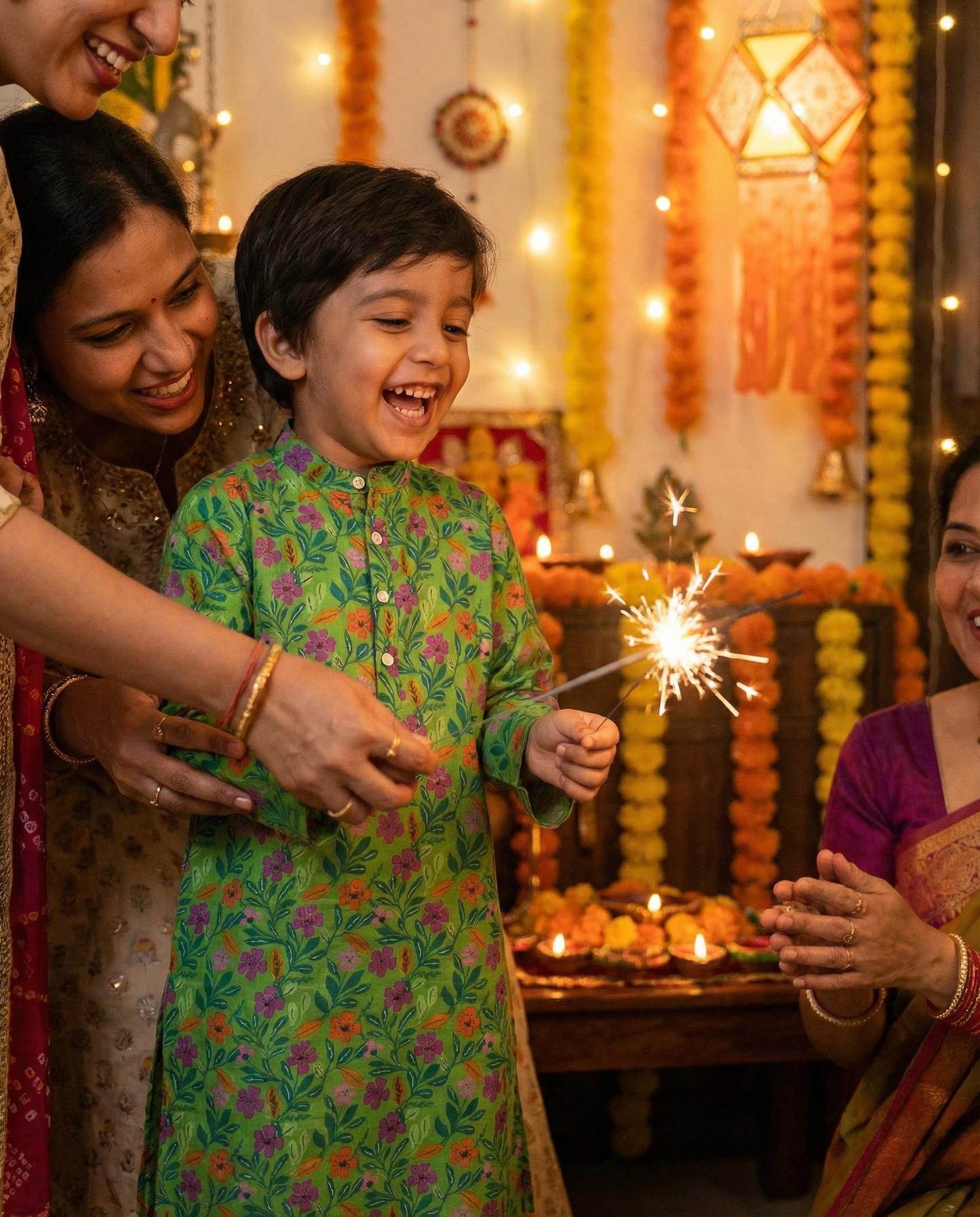 Child holding a sparkler with family members in a decorated room