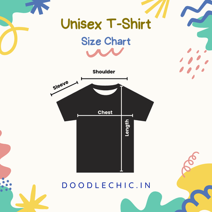 Unisex t-shirt size chart with measurements on a colorful background