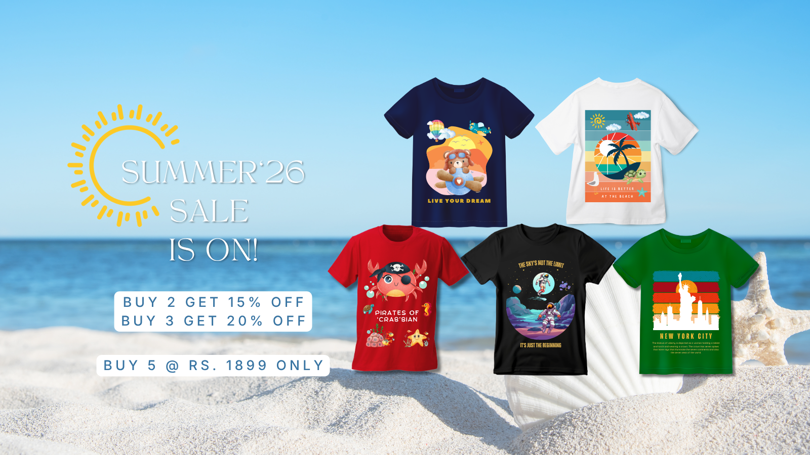 Collection of colorful 100% organic cotton t-shirts from DoodleChic on a beach with promotional text overlay.