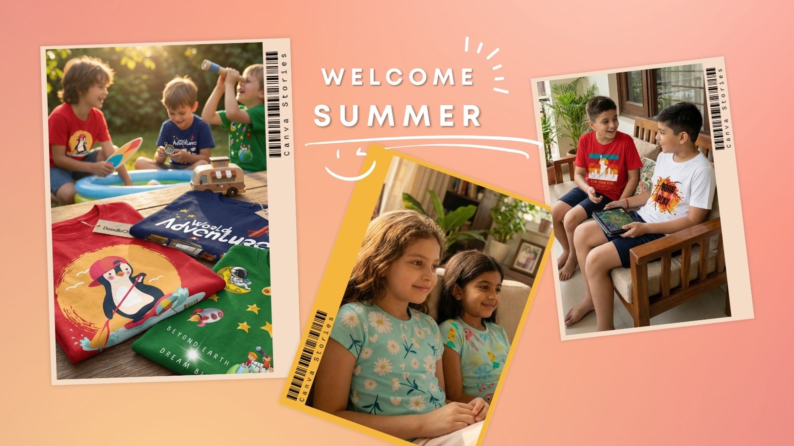 Children playing outdoors with a 'Welcome Summer' text overlay on a peach background.
