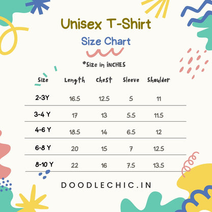 Unisex t-shirt size chart with colorful doodles on a white background - DoodleChic