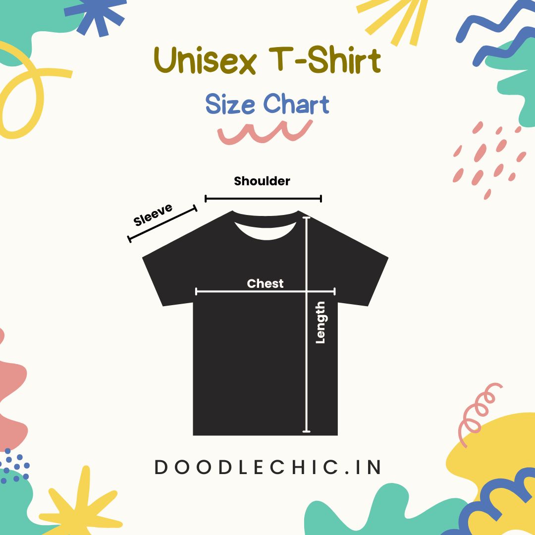 Unisex t-shirt size chart with measurements on a colorful background - DoodleChic